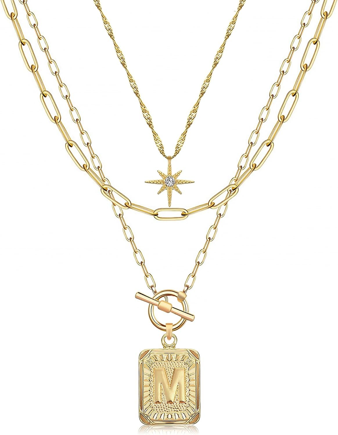 MJartoria Layered Initial Necklaces for Women Trendy, 14K Gold Plated Brass Simple Star Choker Square Letter Pendant Necklace, Paperclip Chain Necklaces Jewelry Gifts