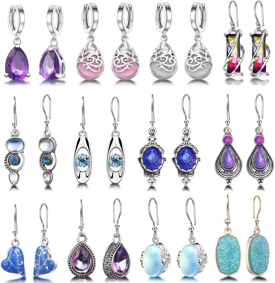 12 Pairs Teardrop Druse Crystal Drop Dangle Earrings for Women Cubic Zirconia Huggie Hoop Earring Jewelry Set Christmas Gifts