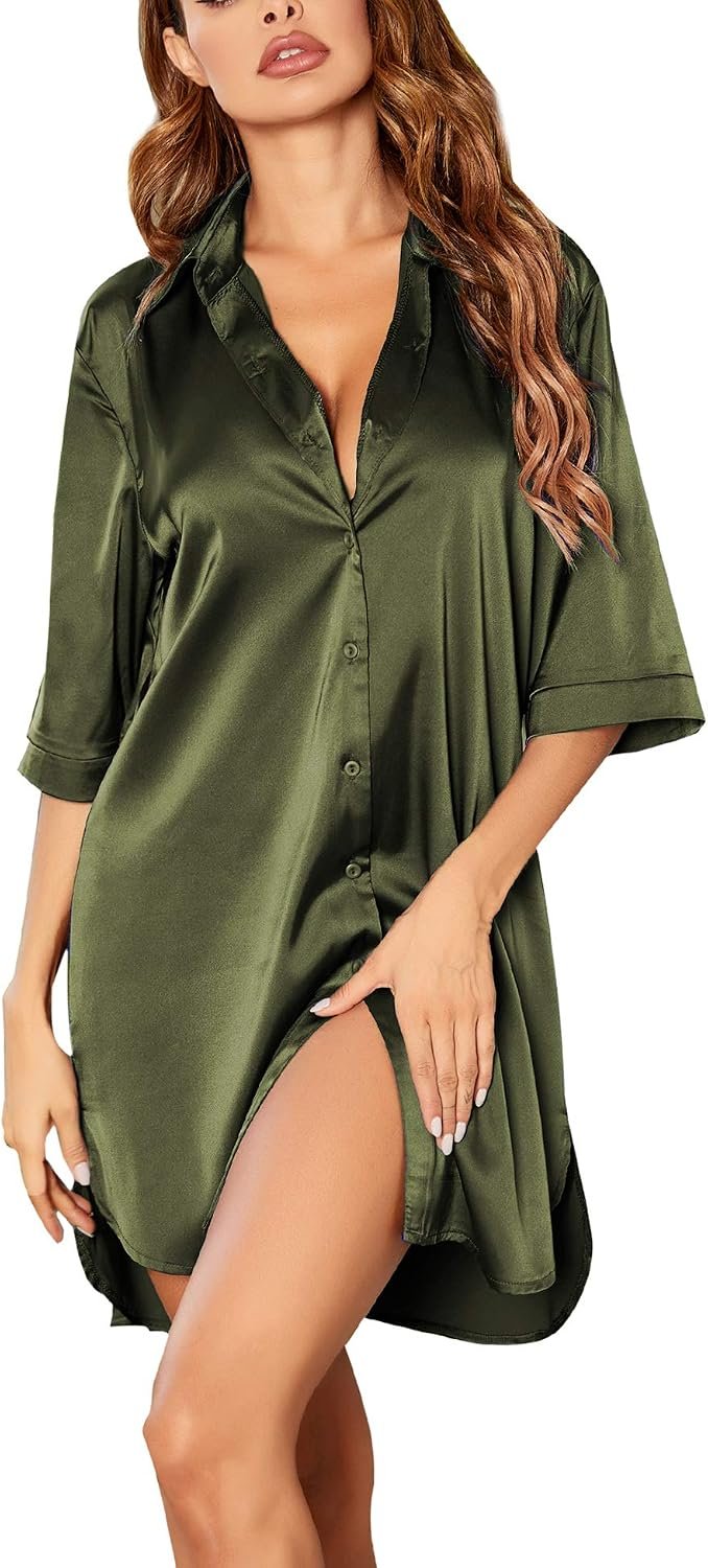Ekouaer Women’s Satin Nightshirt Button Down Sleepshirt Silk 3/4 Sleeve Nightgown Boyfriend Notch Collar Sleepwear S-3XL