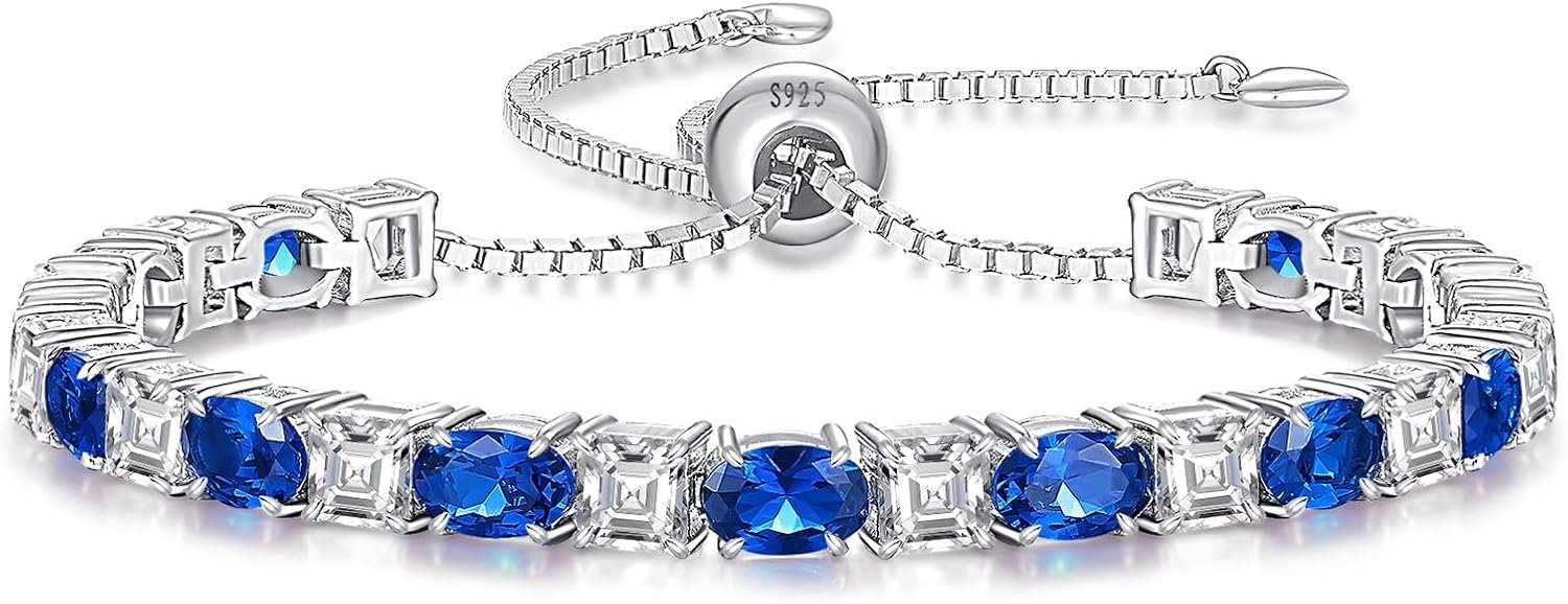 Sterling Silver Birthstone Bracelets for Women White Gold Tennis Bracelets Adjustable Chain 6-9 Inchs Jewelry Hypoallergenic Anniversary Birthday Gifts for Women Mom Wife Her