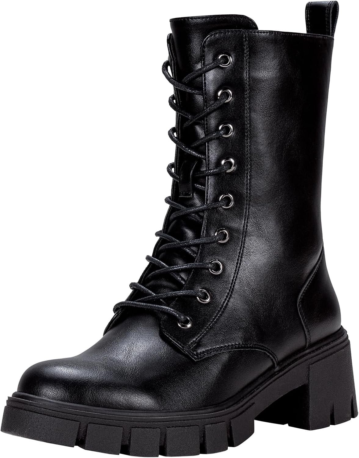 Vepose Women’s Mid Calf Combat Boots Lace-up Elastic Chunky Platform Boot with Side Zipper