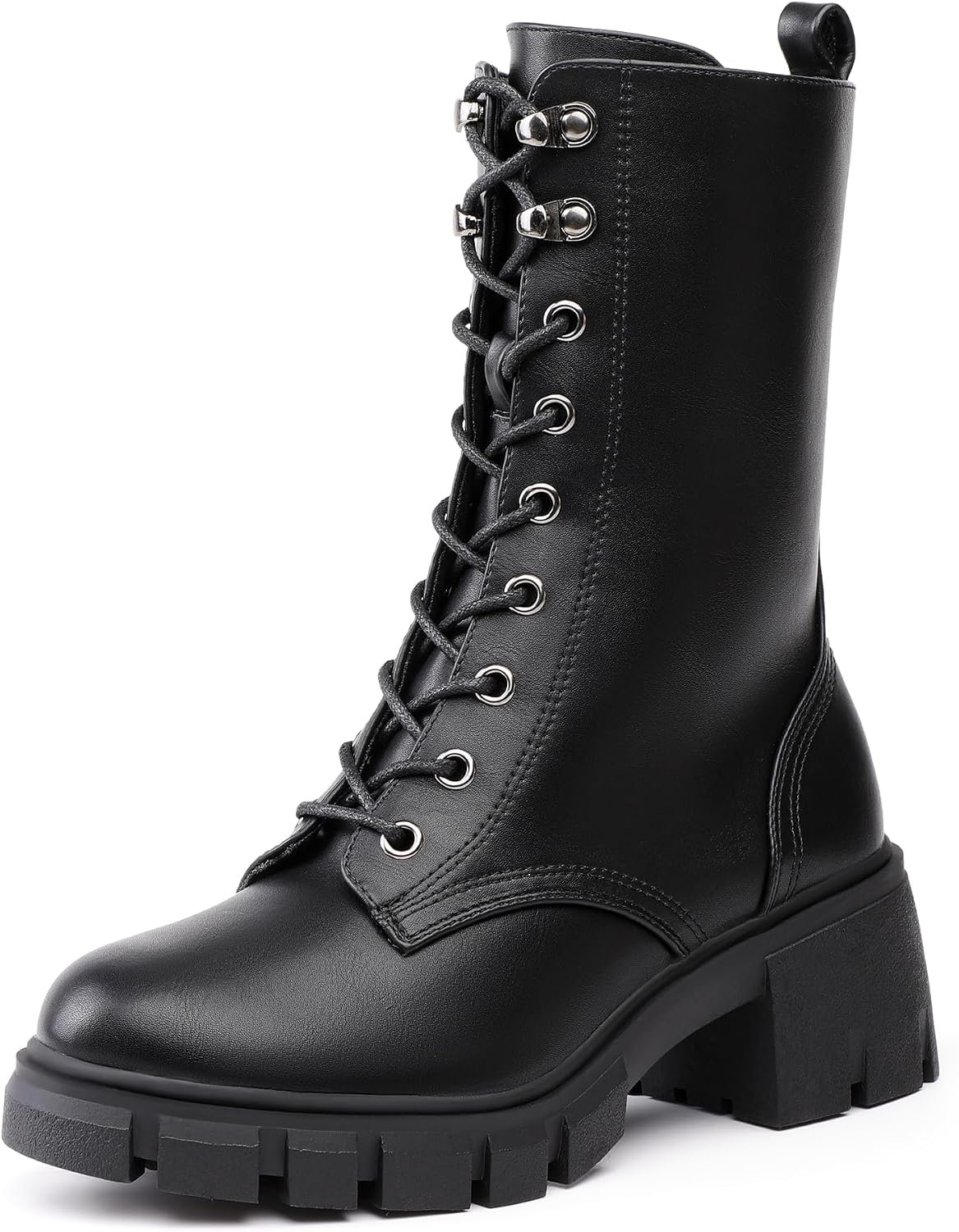 IDIFU IN3 Platform Combat Boots for Women Mid Calf Lace Up Boots Lug Sole Low Chunky Block Heel Boots Closed Round Toe Side Zipper Booties Fashion Thick Fall Heeled Boots-LOOSEN ALL LACES FIRSTLY