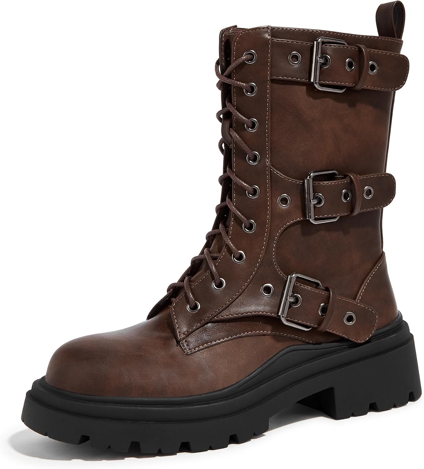 LUCKY STEP Women’s Combat Boots-Platform Chunky Mid Calf Boots Ankle Booties Motorcycle Side Zipper Buckles Goth Booties