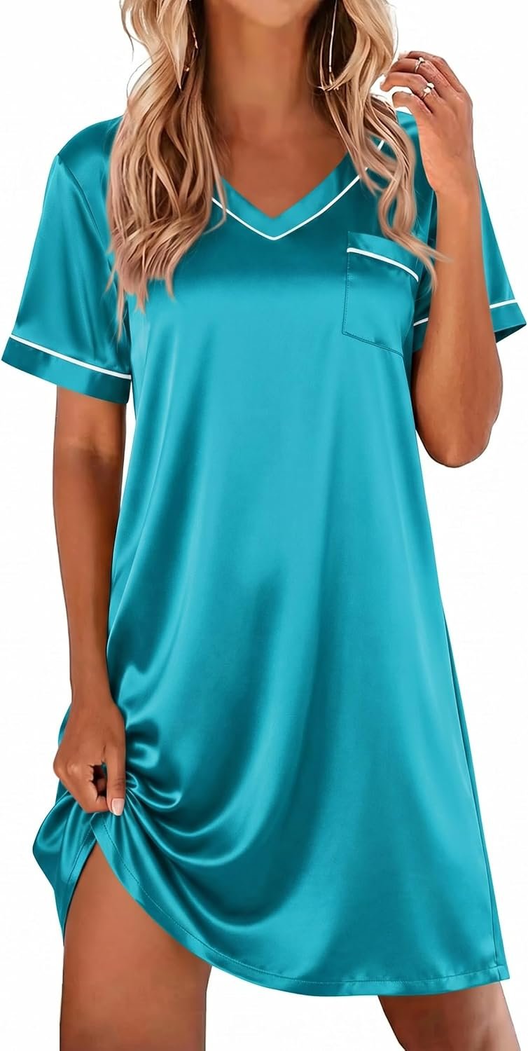 Ekouaer Satin Nightgowns for Women Silk Sleep Shirt Silky Loose Sleepwear V Neck Nightshirt Short Sleeve Pajamas
