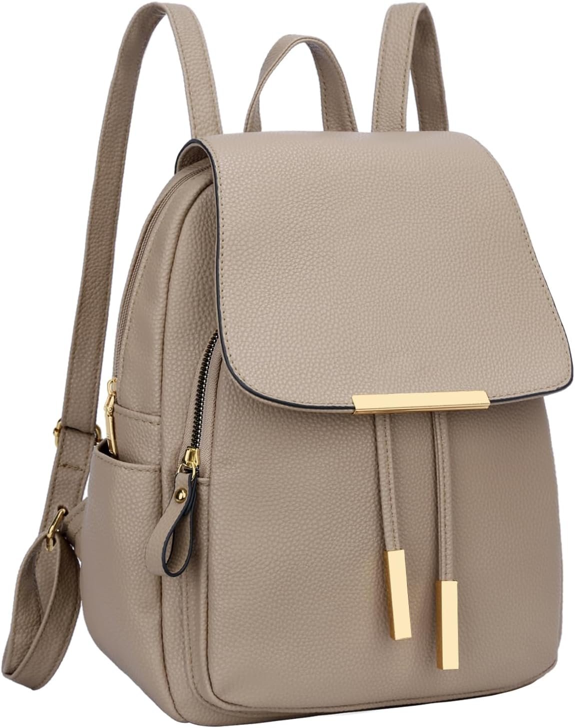 KKXIU Women’s Stylish Leather Backpack Purse – Lightweight Travel Backpack with Multiple Pockets, Lychee Grain PU Leather, Gold Hardware (A-Khaki, 10x12x4.5 Inches)
