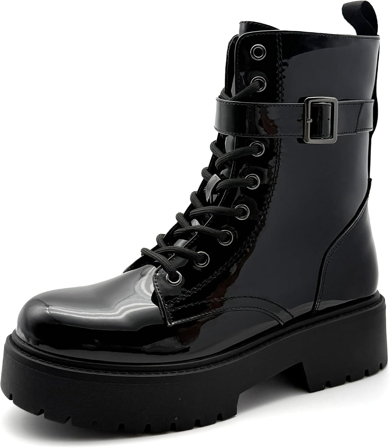 Women’s Chunky Heel Black Patent Leather Combat Boots, Ankle Booties with Side Zipper & Lace-Up Detail – Stylish, Edgy & Comfortable