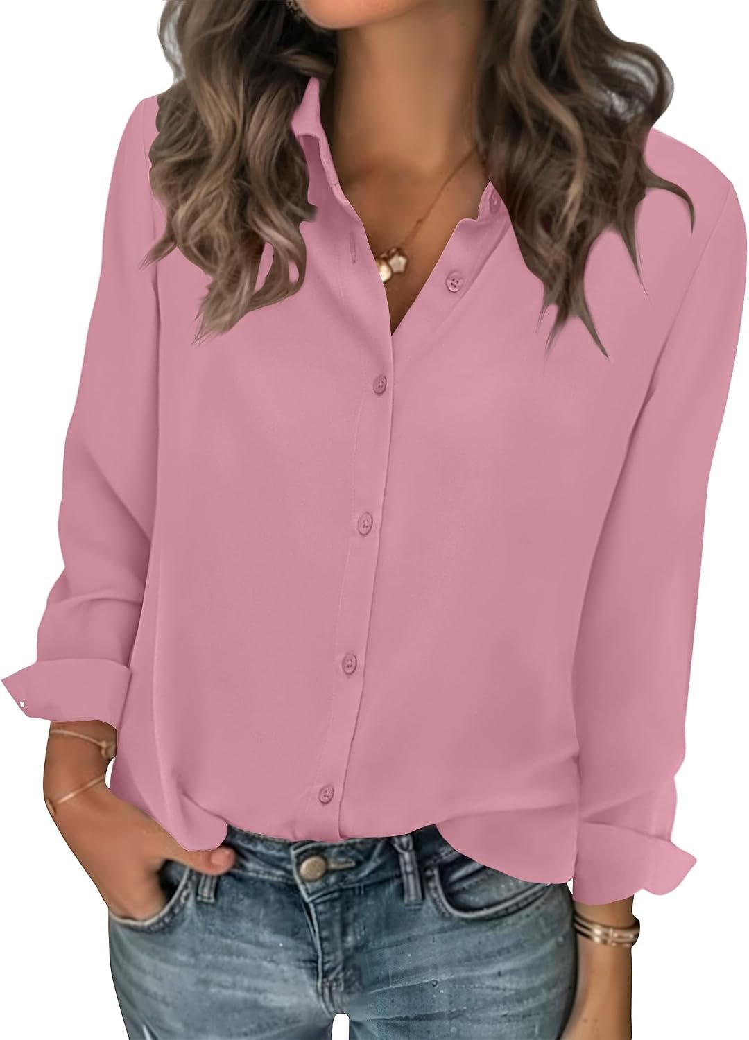 Zeagoo Women Blouses Chiffon Long Sleeve Button Down Shirts Business Causal Dressy Work Top V Neck Summer Spring Clothes