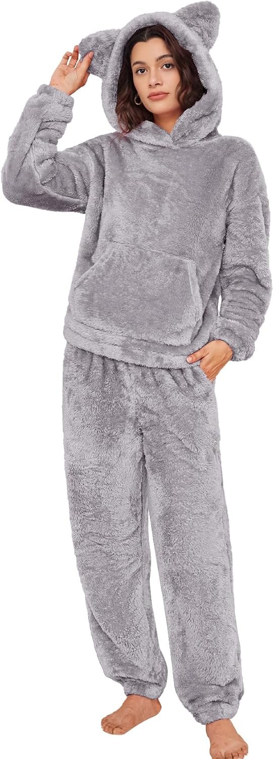 Flygo Women’s Fluffy Pajamas Sets Fleece Loungewear Pullover Bear Ear Fuzzy Hoodie Plush Pants 2 Piece Sleepwear with Pockets