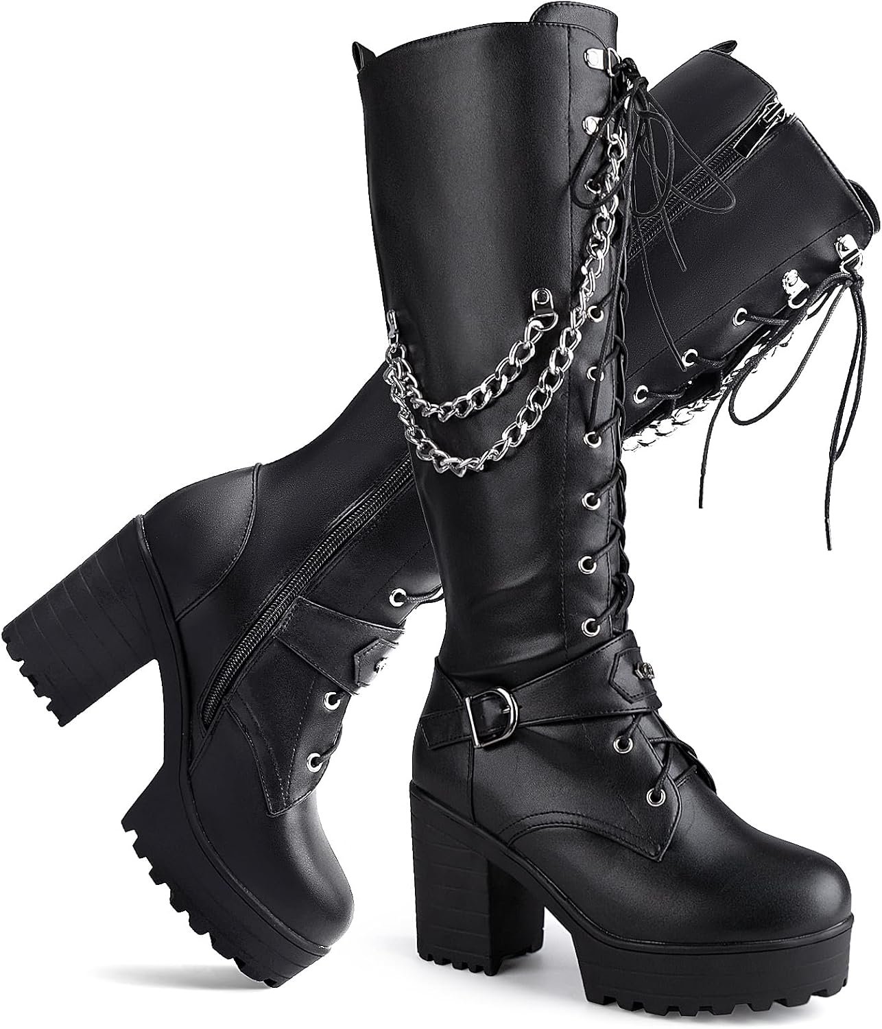 Ladies’ Boots Women Fashion Platform Block Heels Knee High Boots Lace up