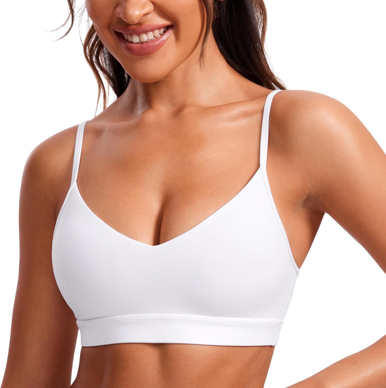 CRZ YOGA Butterluxe V-Neck Sports Bras for Women – Adjustable Thin Straps Padded Yoga Top Basic Wireless Camisole
