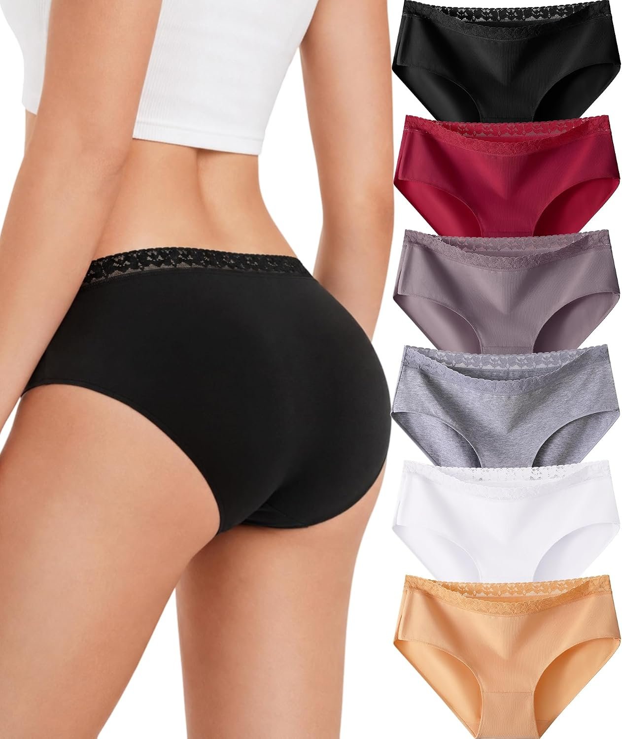 READY TO LOVE Cotton Underwear for Women 6 Pack Bikini Sexy Full Coverage Panties Lace Waistband Ladies Hipster
