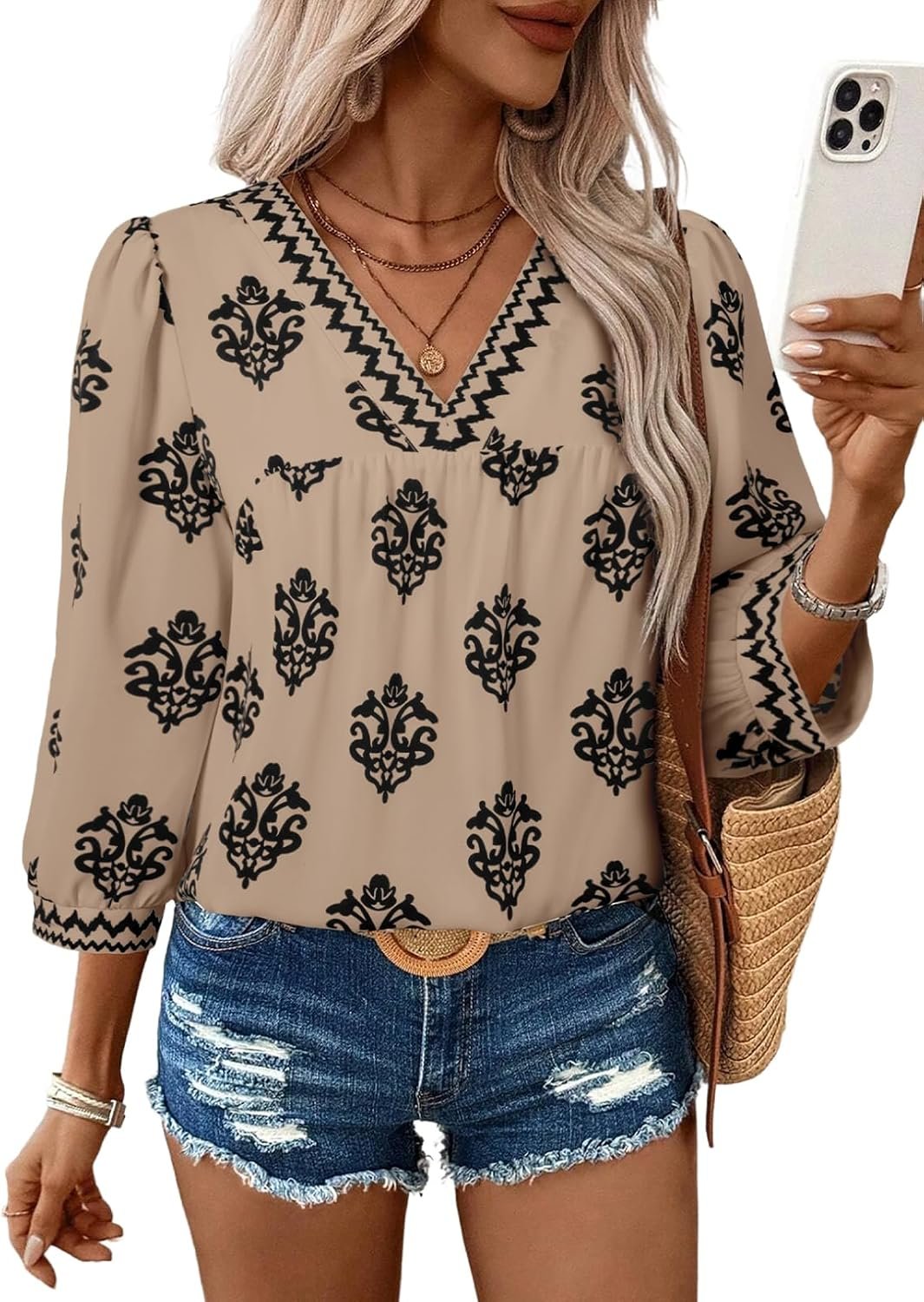 SHEWIN Women’s Casual V Neck Floral Print Chiffon Blouses 3/4 Sleeve Boho Summer Tops Shirts