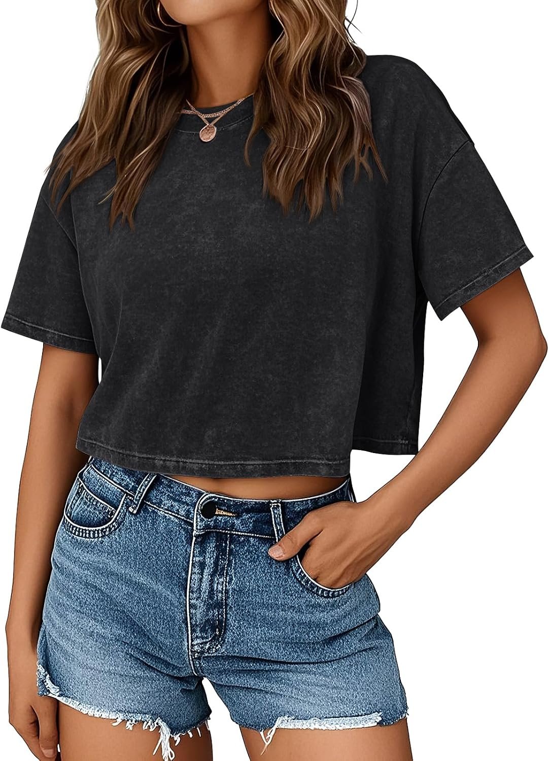 Trendy Queen Womens Crop Tops Short Sleeve T-Shirts Acid Wash Casual Summer Clothes Trendy Comfy 2026 Workout Baggy Soft Tees
