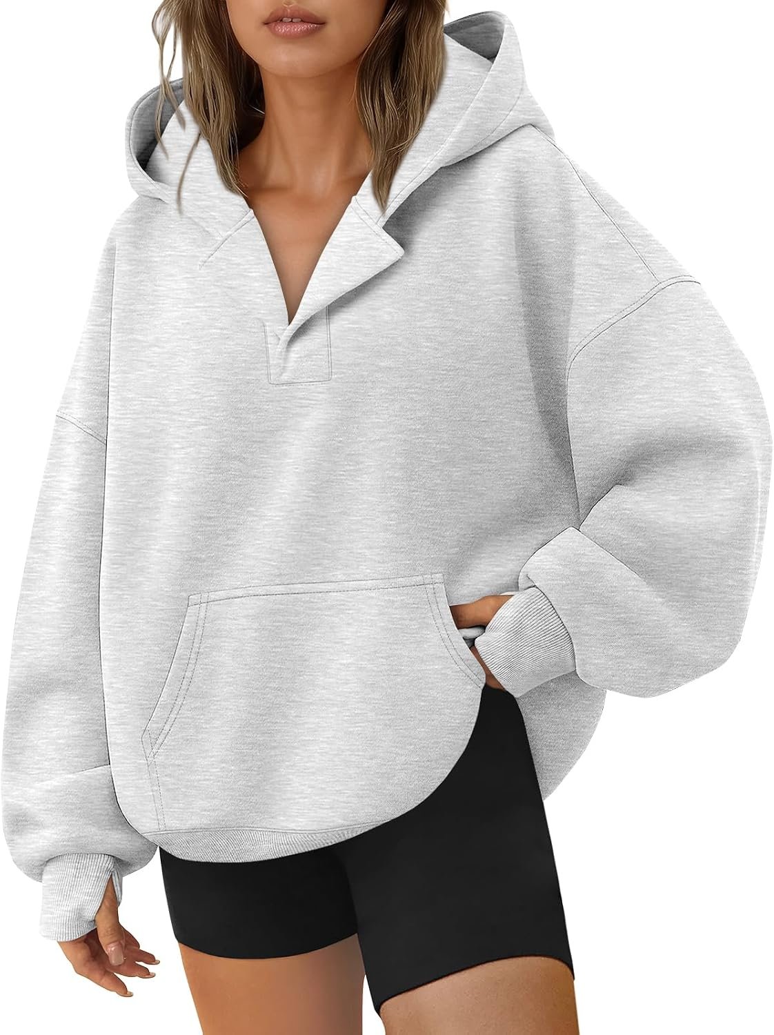 Trendy Queen Womens Oversized V Neck Hoodies with Thumb Hole Pullover Sweatshirts Y2k Clothes Fall Fashion Outfits 2026