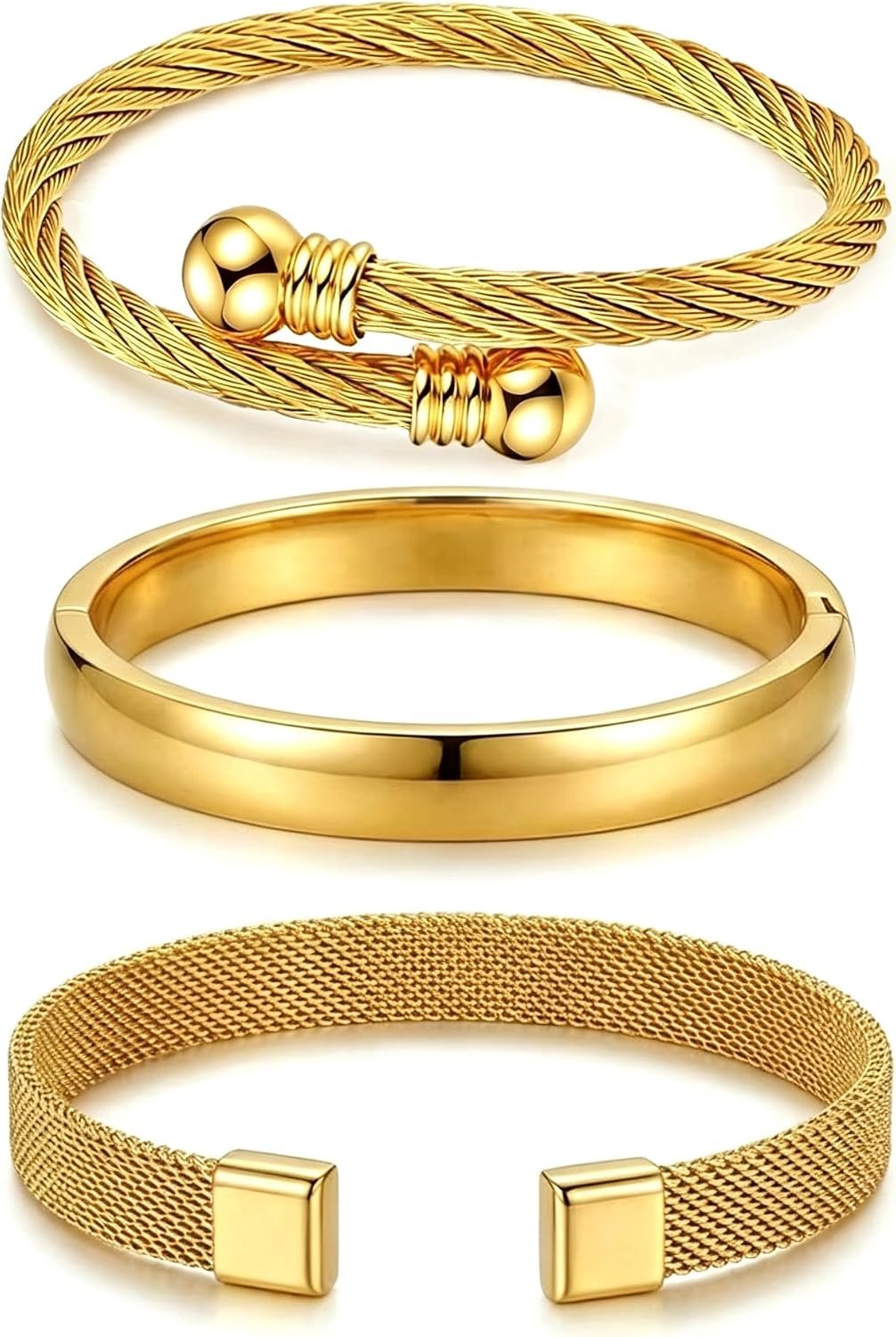 Waterproof Stackable Cuff Bracelets for Women Set of 3 – Non Tarnish Stainless Steel Bracelet Set, Adjustable Mesh, Cable Wire & Hinged Bangle Jewelry Gift