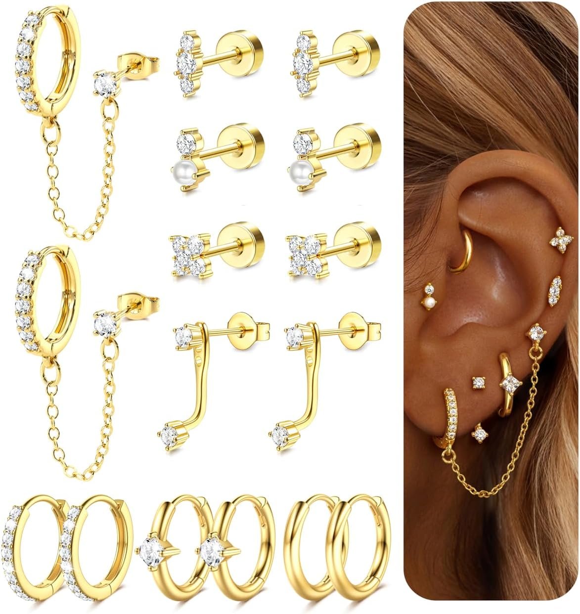 Dochais Hypoallergenic Flatback Stud Hoop 14K Gold Plated Earrings Stacks – Surgical Stainless Steel Earring Set Chain Cartilage Earrings – Small Ear Piercing Flat Back Earring for Women Trendy