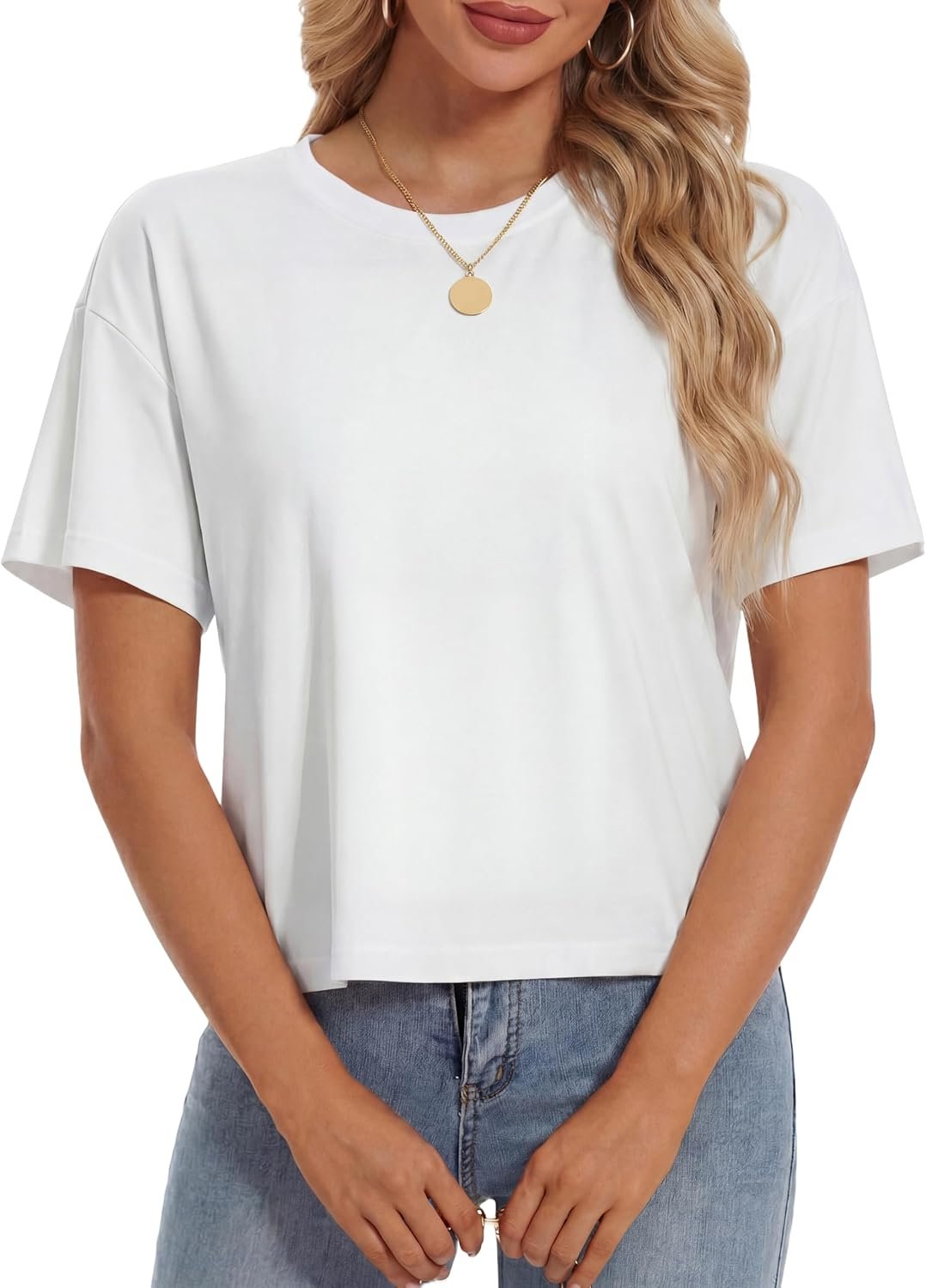 YUCOLEN Women’s Crop Tops Summer Short Sleeve Cotton UPF 50+ Round Neck Casual Loose Cropped T-Shirts Solid Basic Tees