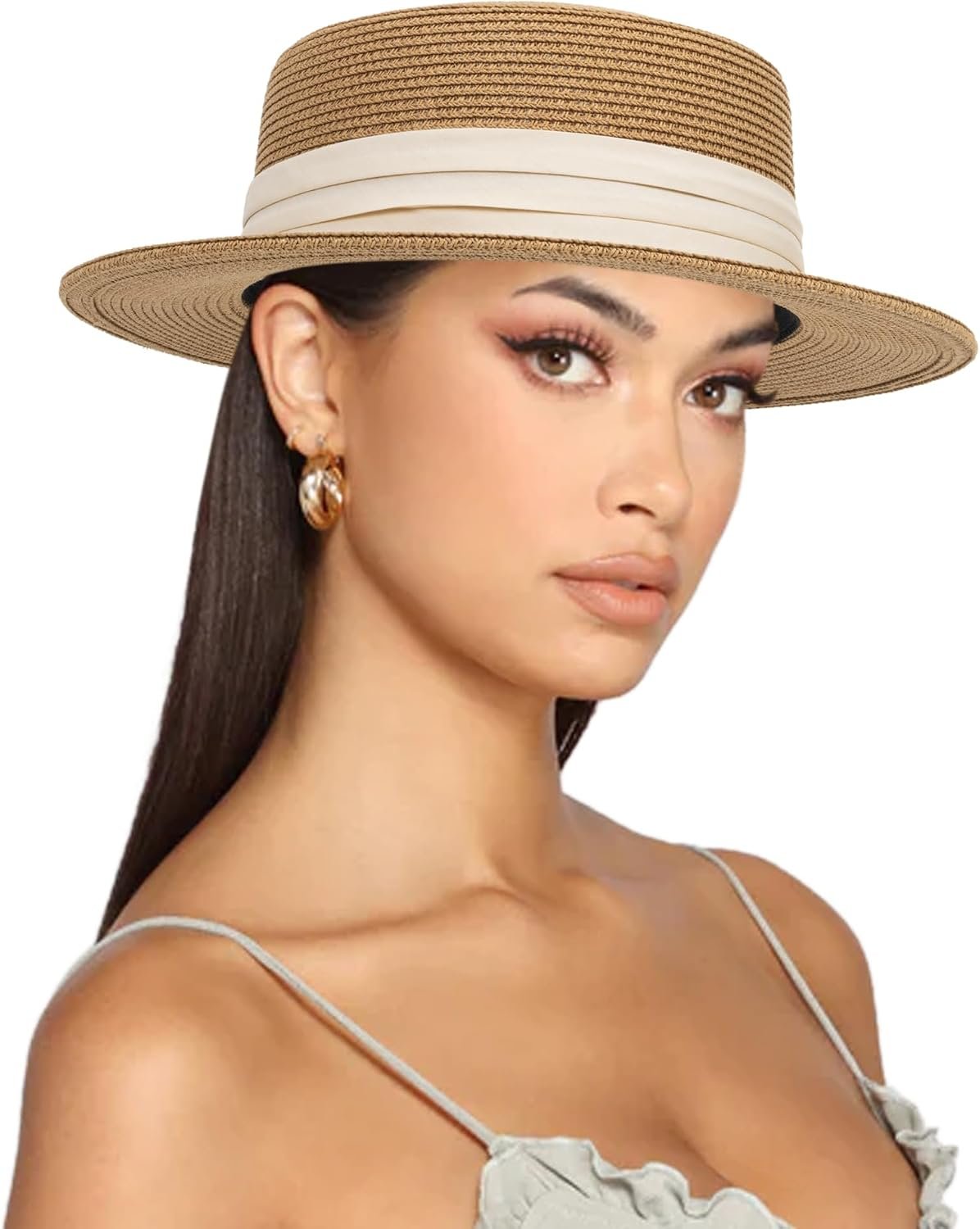 Straw Boater Summer Sun Hat – Wide Brim Fedora Panama Summer Beach Hat for Men Women(Size:Large)