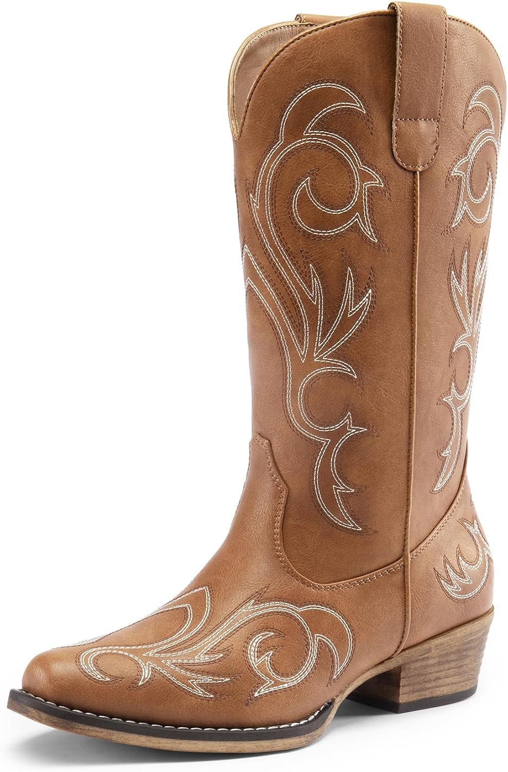 DREAM PAIRS Women’s Cowboy Cowgirl Mid Calf Boots,Tan,6.5 | Square Toe Chunky Heel Embroidery Stitched Western Boots,Suitable for Everyday Outfits and Music Festivals