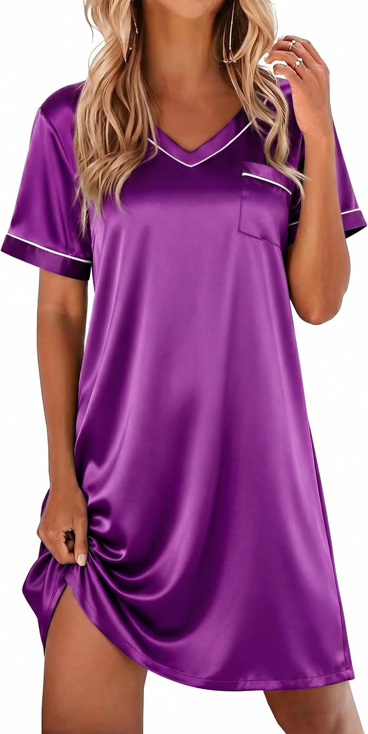 Ekouaer Satin Nightgowns for Women Silk Sleep Shirt Silky Loose Sleepwear V Neck Nightshirt Short Sleeve Pajamas