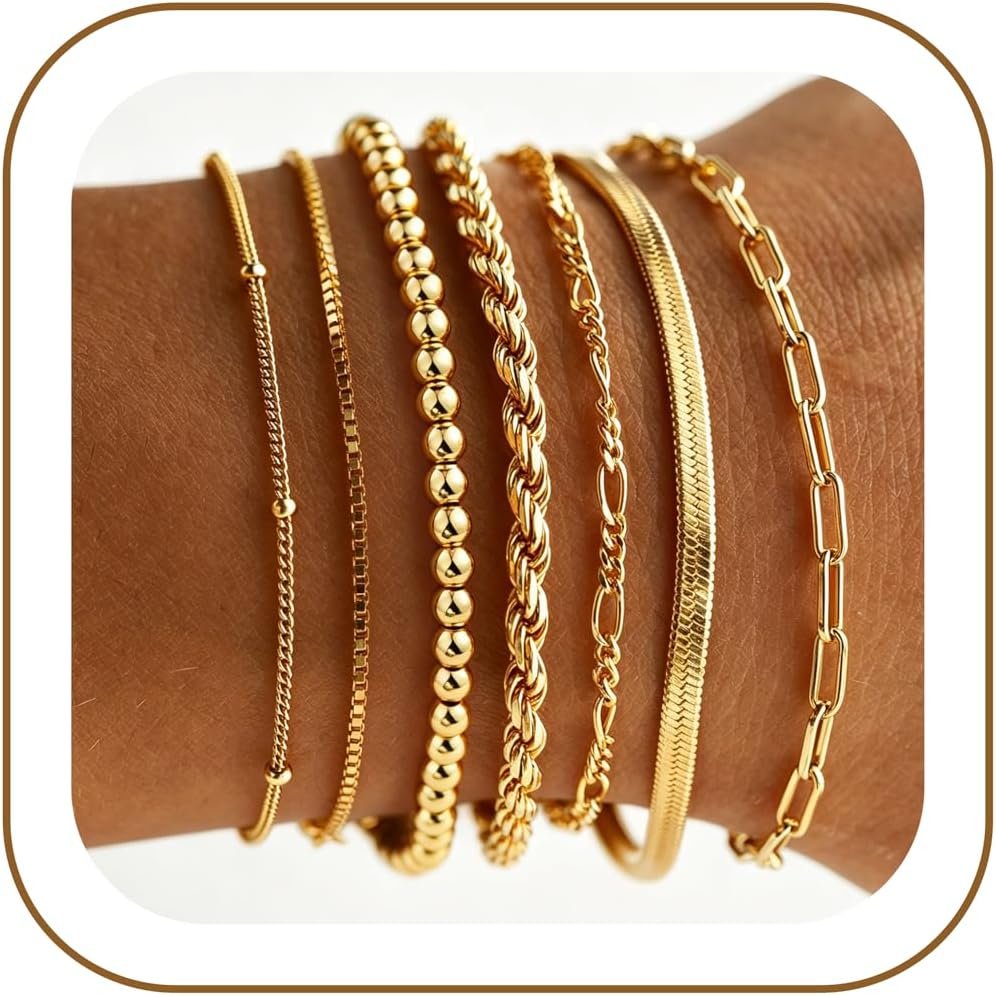 M MOOHAM 7PCS Gold Bracelets for Women – 14K Real Gold Plated Beaded Bracelets Set Rope Paperclip Chain Stackable Bracelet Non Tarnish, Friendship Birthday Jewelry Gifts for Women Teen Girls