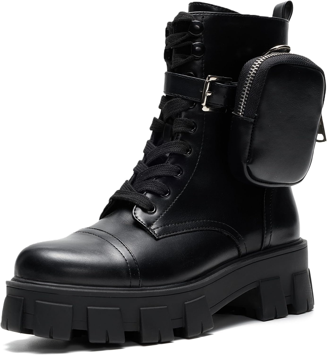 Cape Robbin Women’s Platform Combat Boots – Lace Up Chunky Ankle Booties with Built-in Zippered Pouch – Side Zipper Lug Sole Boots with Buckle Strap Round Toe (Monalisa)