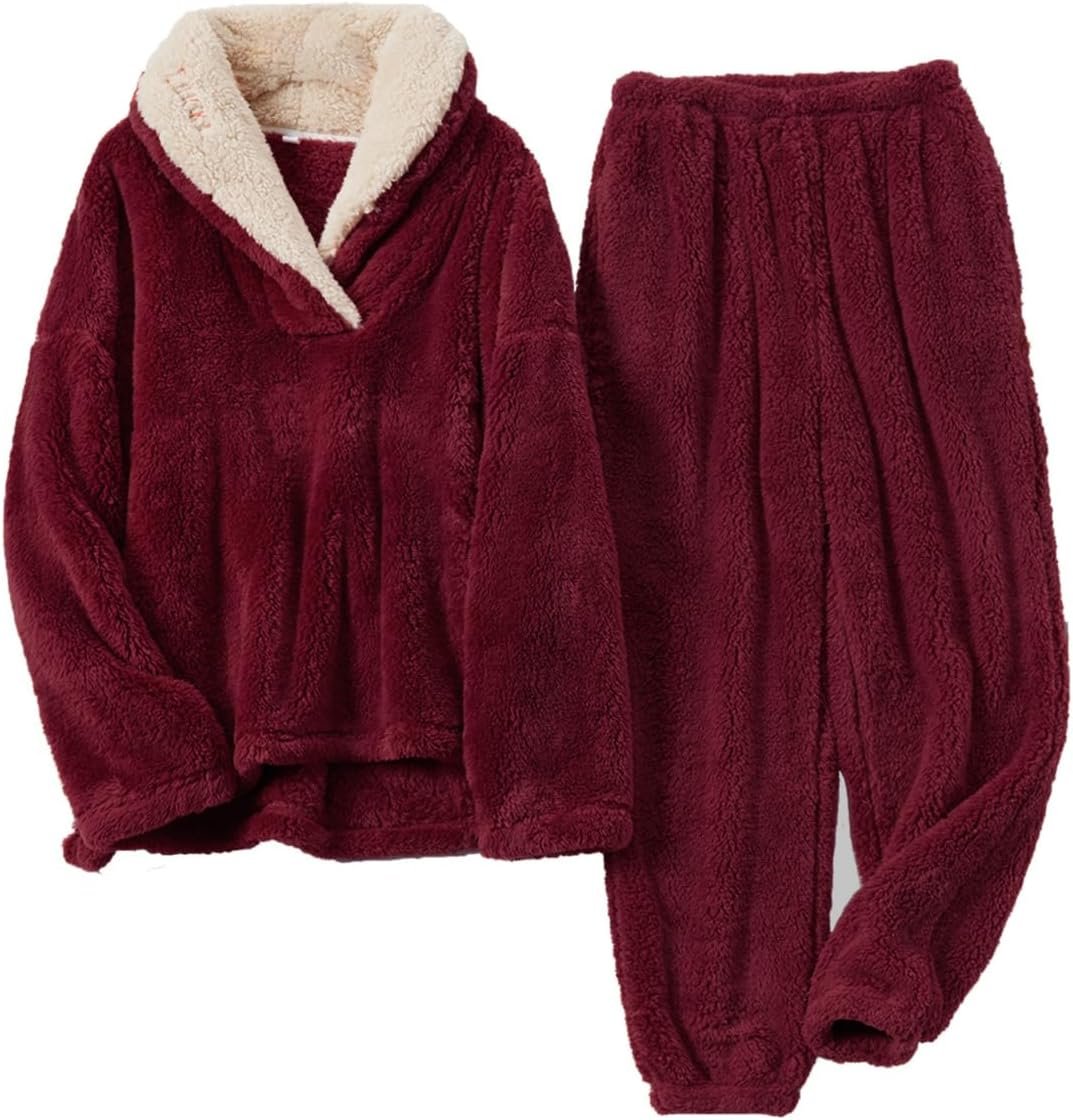 Women’s Fluffy Loungewear Sleepwear Lounge Casual Pajamas Sets Loose Long Sleeve Fleece Pullover and Pants Set