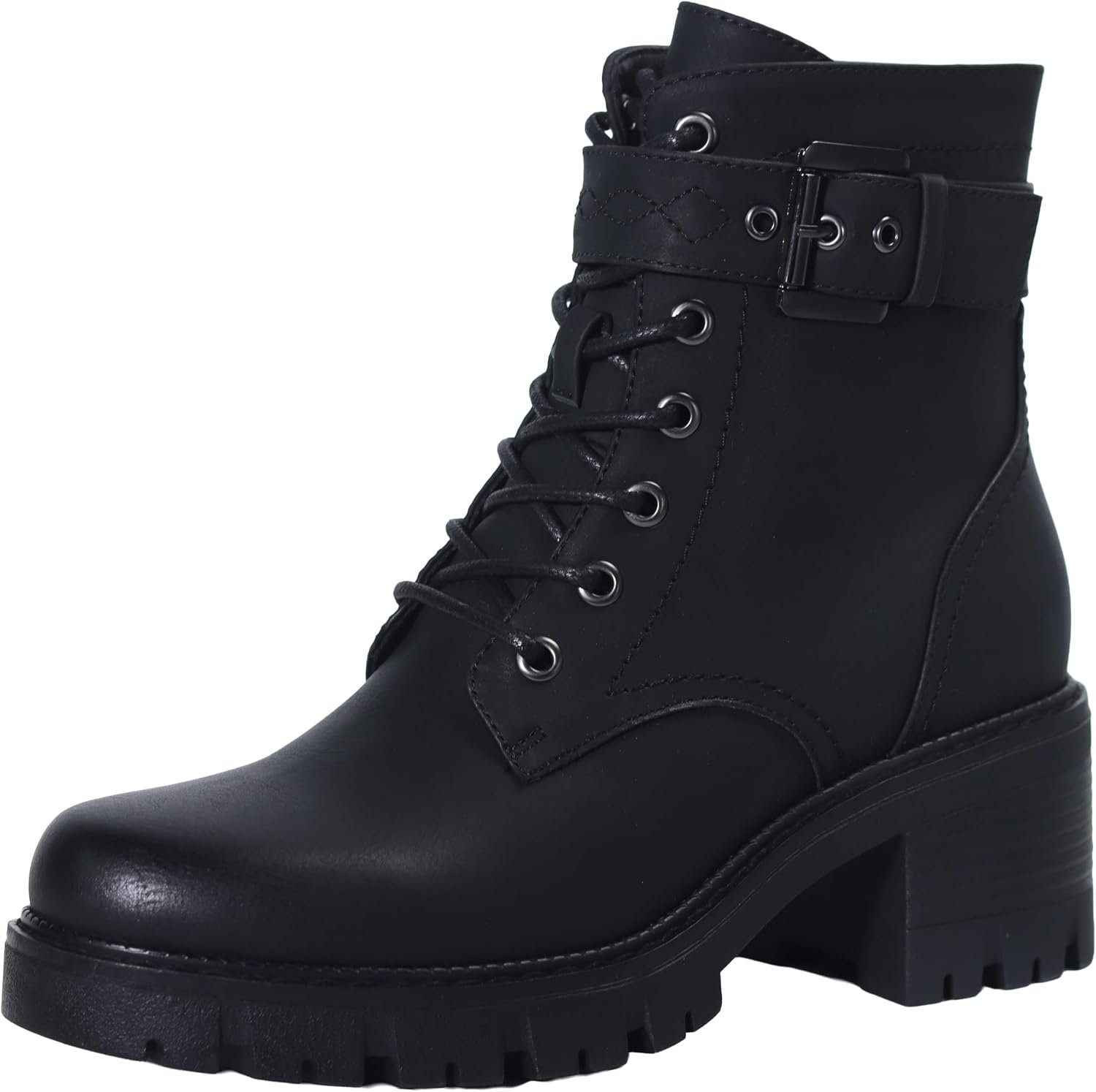 Women’s Combat Boots Classic Lace-Up Ankle Booties with Side Zipper & Buckle, Chunky Mid Heel