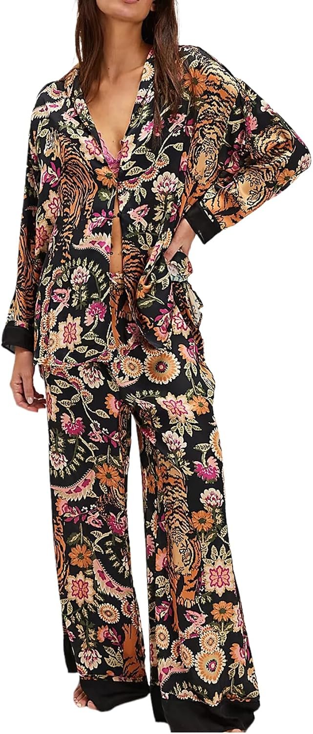 Arssm Satin Pajama Set for Women Silk Pajamas Set 2 Piece Floral Pj Set Long Sleeve Button Down Pjs Sleepwear