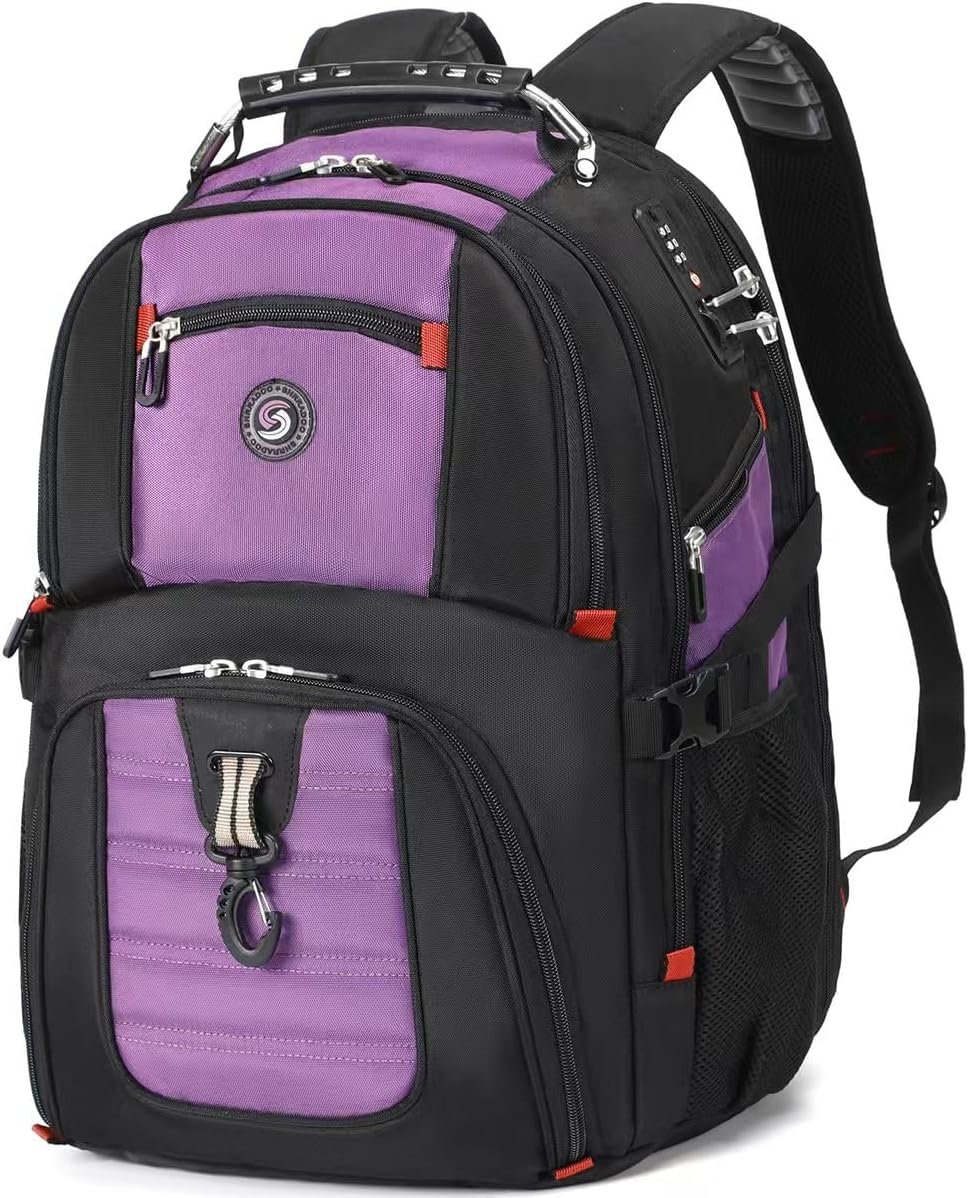 SHRRADOO Extra Large 50L Travel Laptop Backpack with combination lock, College Backpack Airline Approved Business Work Bag Fit 17 Inch Laptops for Men Women,Purple