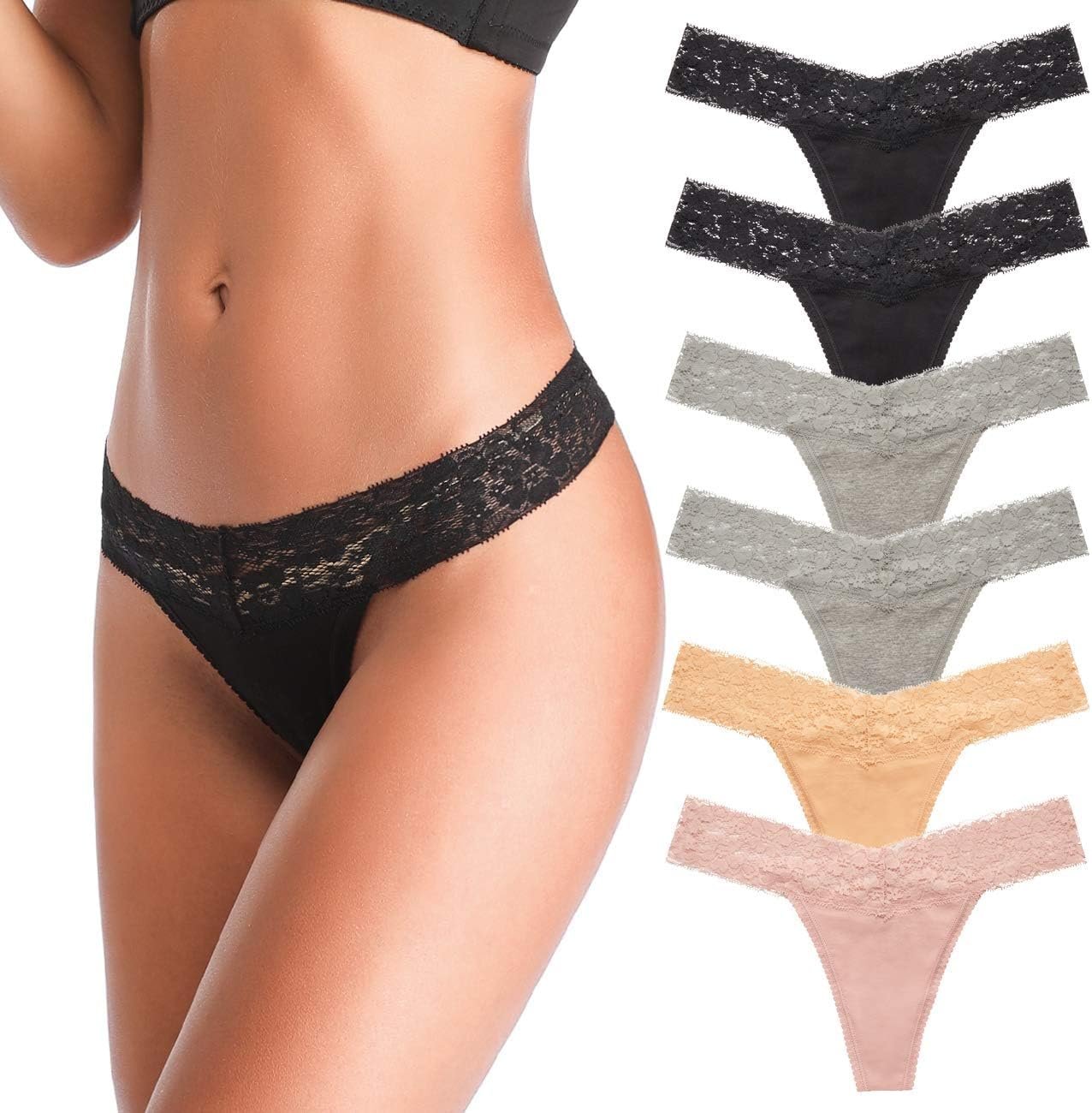 ANNYISON Women’s Thongs, T Back Low Waist See Through Panties Cotton Seamless Lace Thongs for Women