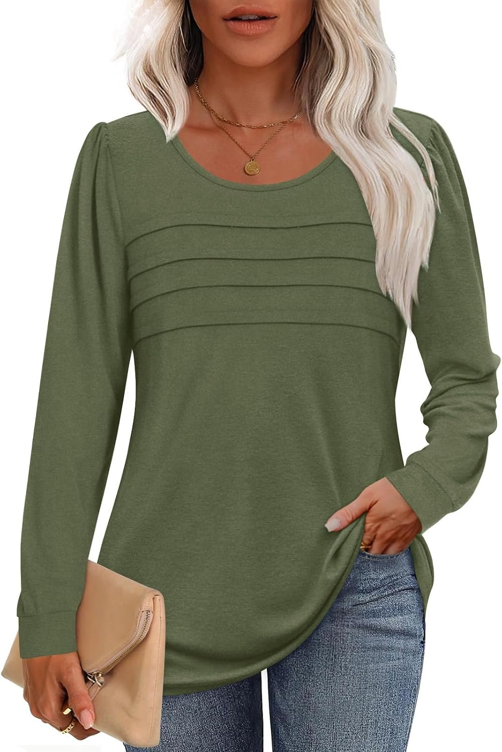 Anydoll Womens Long Sleeve Tops Fall Fashion Causal Blouse Dressy Shirts Trendy Pleated Tunic for Legging