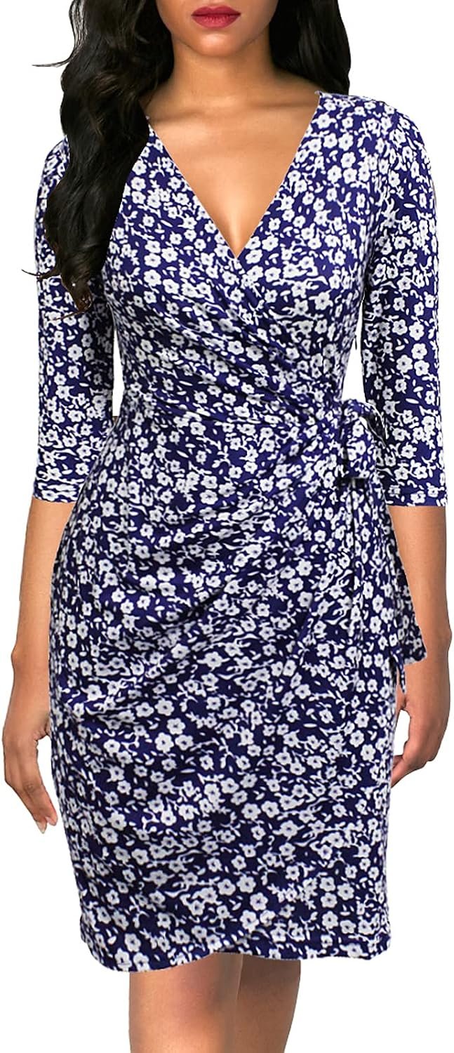 Berydress Women’s Classic 3/4 Sleeve V Neck Sheath Casual Party Work Faux Black Wrap Dress