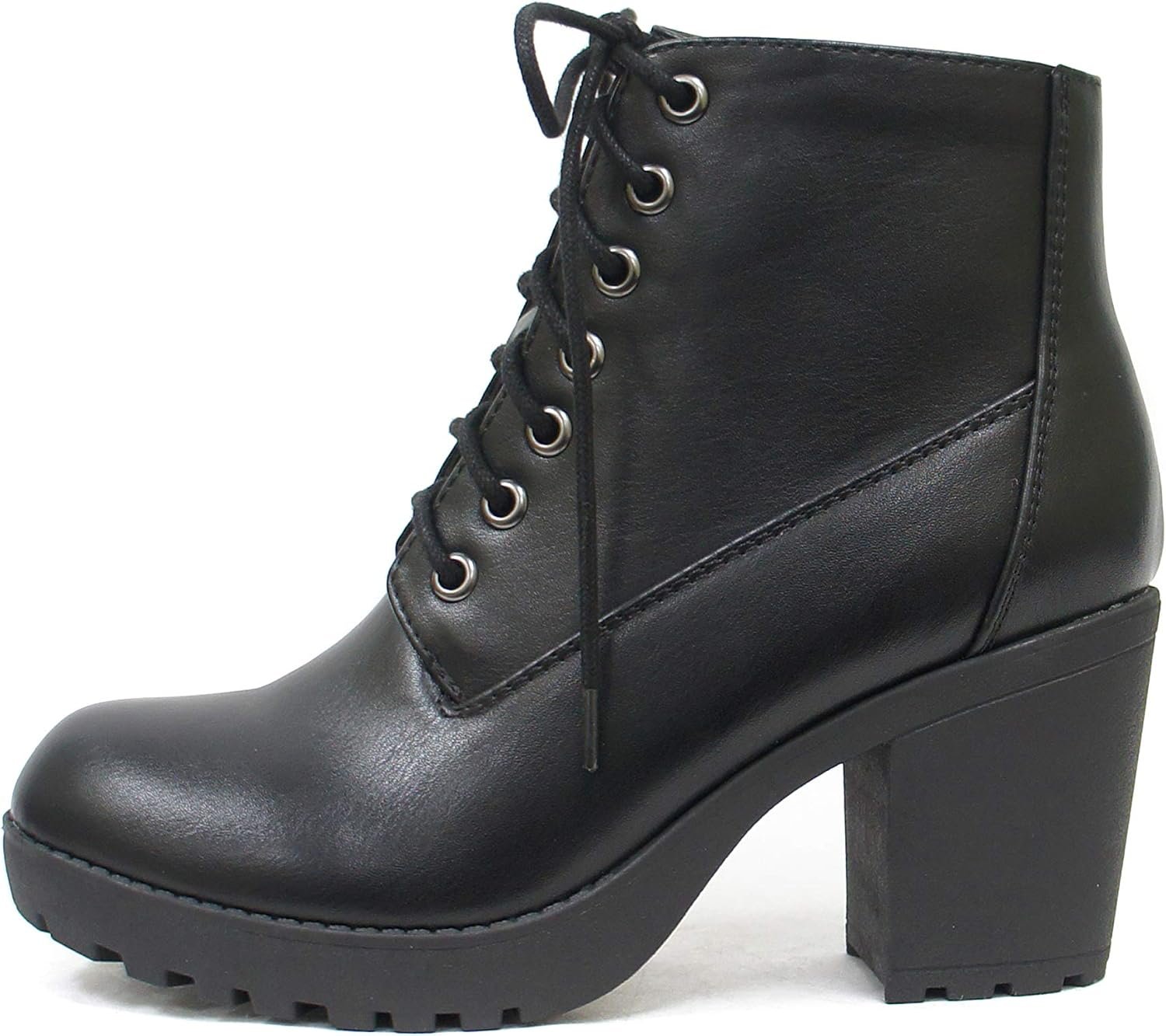 Soda Second Lug Sole Chunky Heel Combat Ankle Bootie Lace up w/Side Zipper