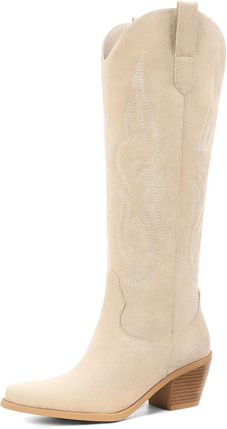Pasuot Western Cowboy Boots for Women – Knee High Wide Calf Cowgirl Boots, Slip On Pointed Toe Chunky Heel Fashion Retro Classic Pull On Tall Boot for ladies Party concert