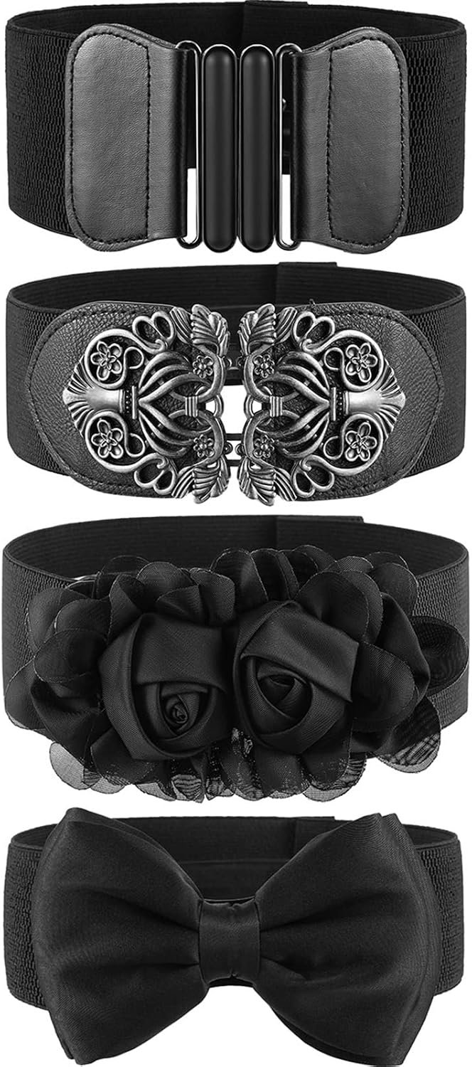 Chuangdi 4 Pieces Women Vintage Wide Waist Belt Black Belt for Dress Elastic Stretch Retro Waistband for Jeans Pants