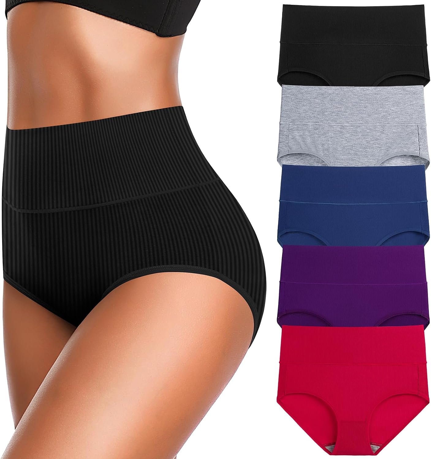 Women’s High Waist Cotton Underwear Super Stretchy Briefs Full Coverage Panties Soft Women Panties 5-Pack