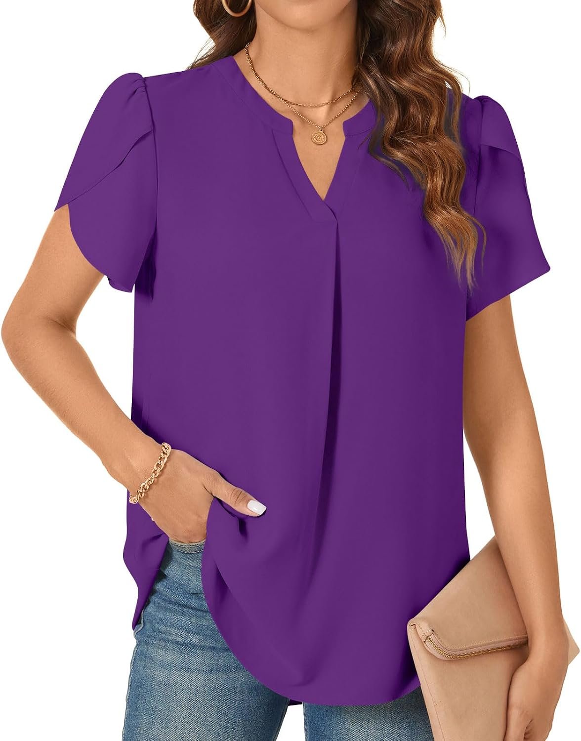 TAOHUADAO Womens Dressy Chiffon Blouses Summer Casual T-shirts Petal Short Sleeve V Neck Tunic Tops for Leggings