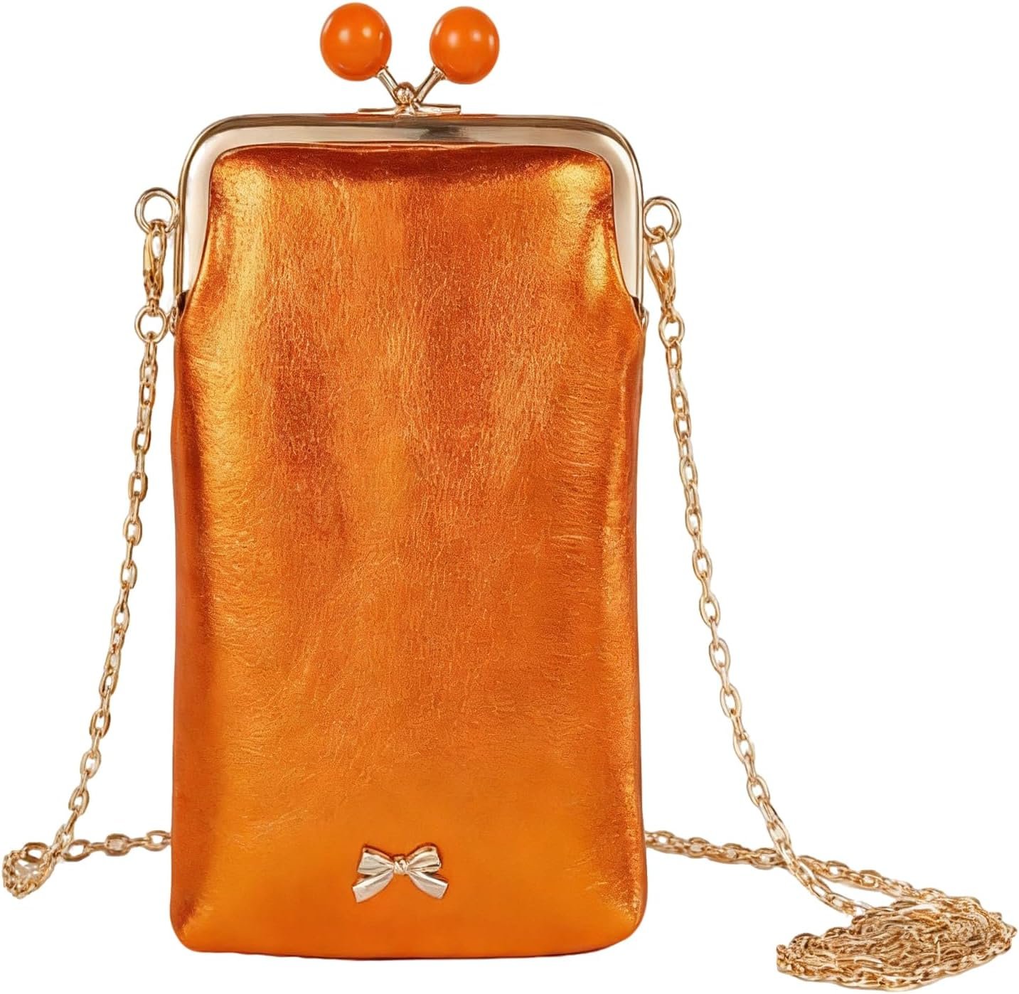 Small Leather Chain Crossbody Bags for Women Designer Mini Cell Phone Bag Wallet Kiss Lock Cute Shoulder Purses (Orange)