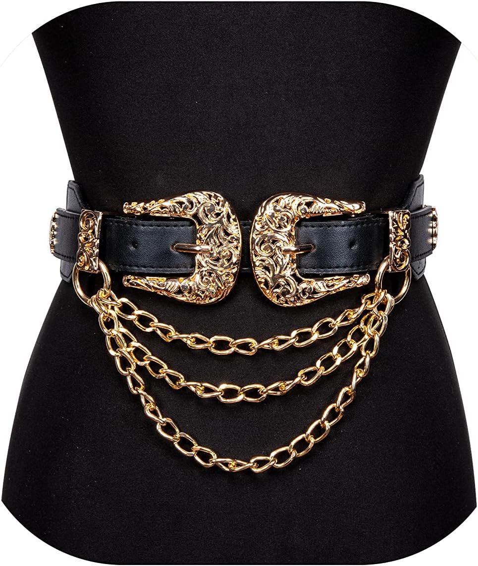 Dubulle Womens Belt Chain Leather Belts Vintage Western Adjustable Elastic Double Buckle for Cowboy Pant Dress