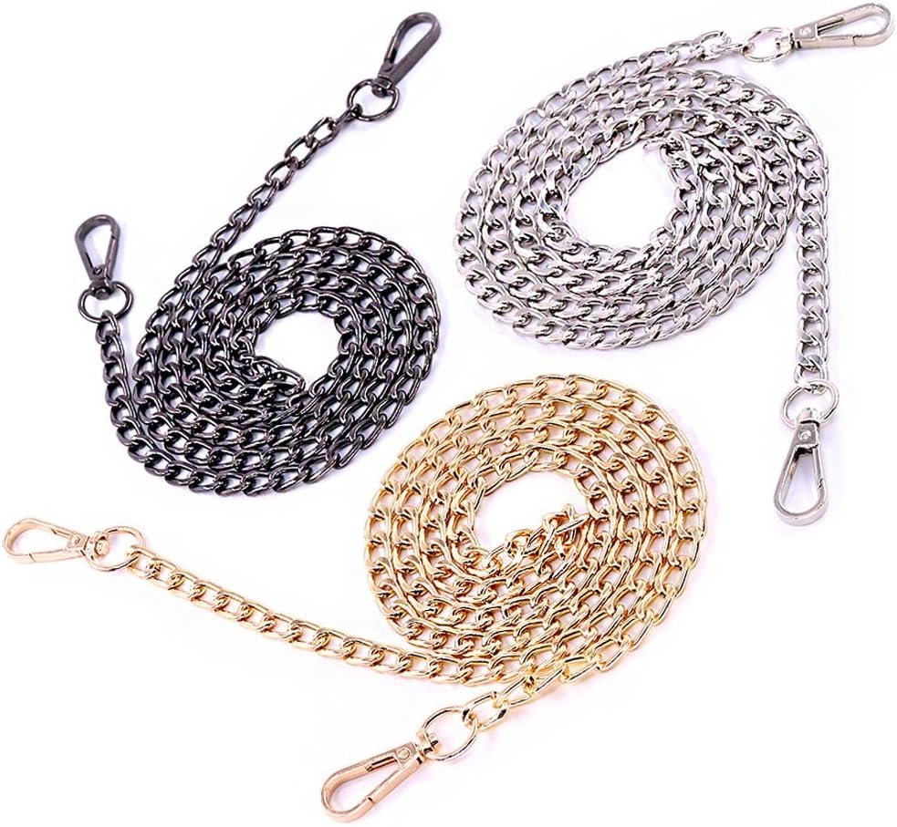 Swpeet 3Pcs Premium Polished Metal Chain Fashion 47 Inche Replacement Flat Chain Strap with Buckles Set, Perfect for DIY Metal Shoulder Cross Body Bag Hand Bag Purse Replacement（Gold+Silver+Gun-Black