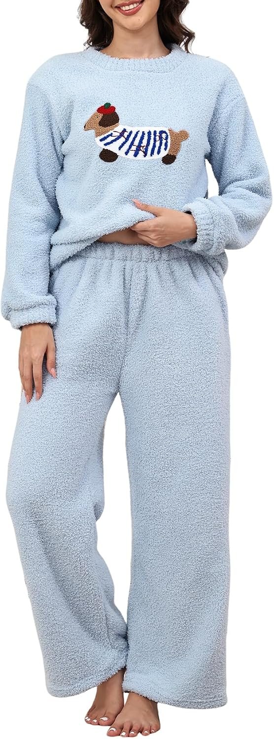 Yimoon Women’s Fluffy Fleece Pajama Set Pullover Pants Winter Dachshund Pjs | Fuzzy, 2 Piece, Plush, Warm Loungewear, Sleepwear