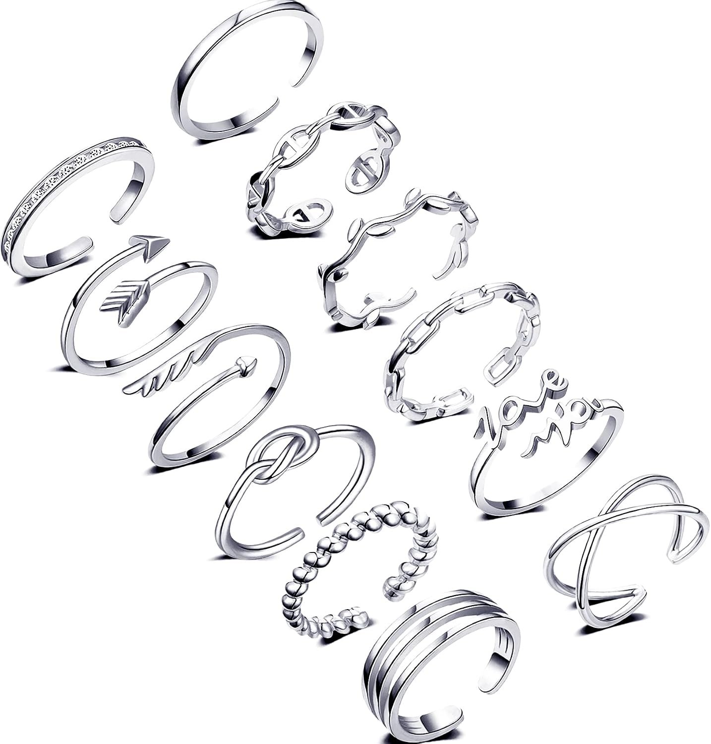 Honsny 12PCS Silver Plated Rings Adjustable Open Rings for Women Cute Gold Plated Stackable Thumb Rings Joint Chain Midi FingerArrow Knot Wave Band Rings Set