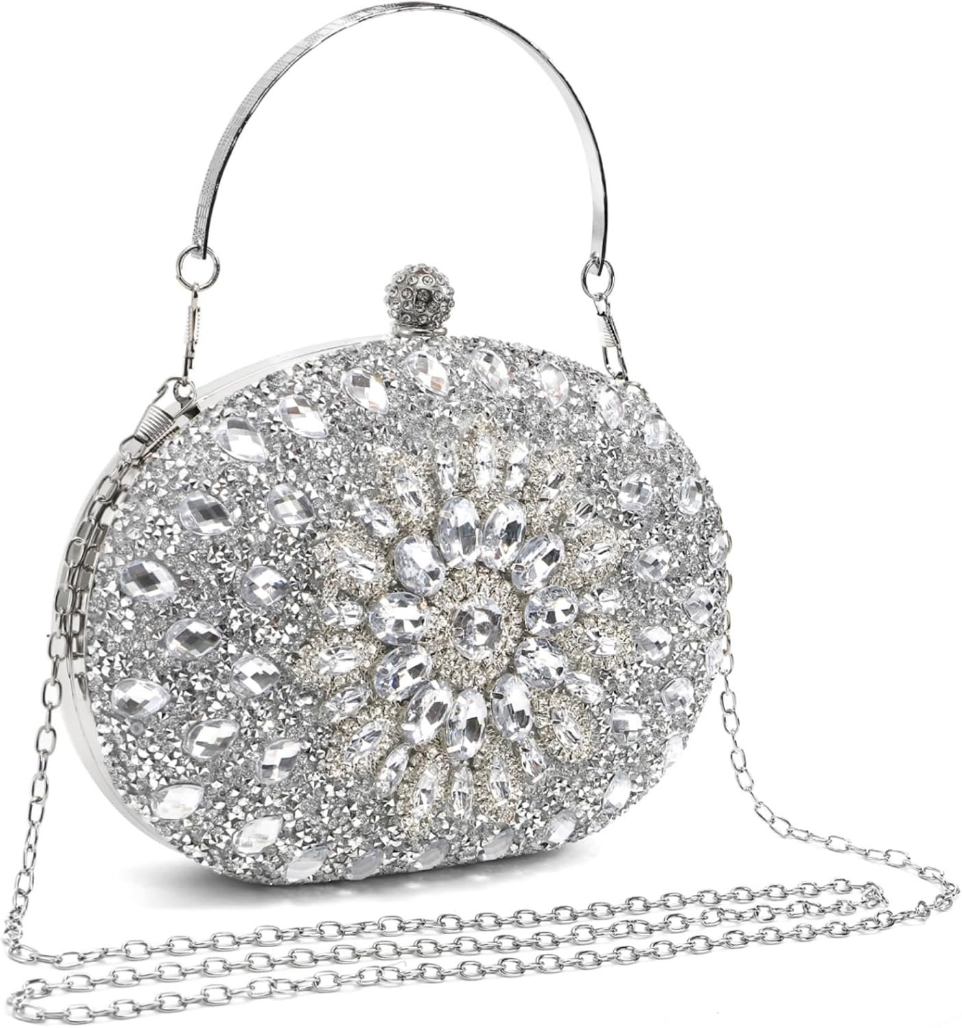 WRINGKIT Rhinestone Clutch Purses for Women, Small Sparkly Silver Evening Clutch Bag, Glitter Luxury Purse Handbag Shoulder Bags for Bridal Wedding Formal Party Prom, Crystal Diamond Bag