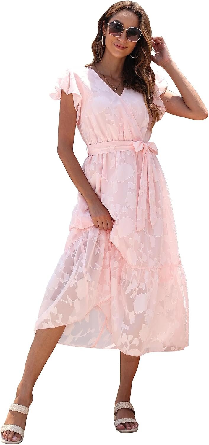 VintageClothing Womens Sundress Casual Floral Summer Boho Dress Flowy Wrap V Neck Ruffle A-Line Pleated Hem Midi Dresses