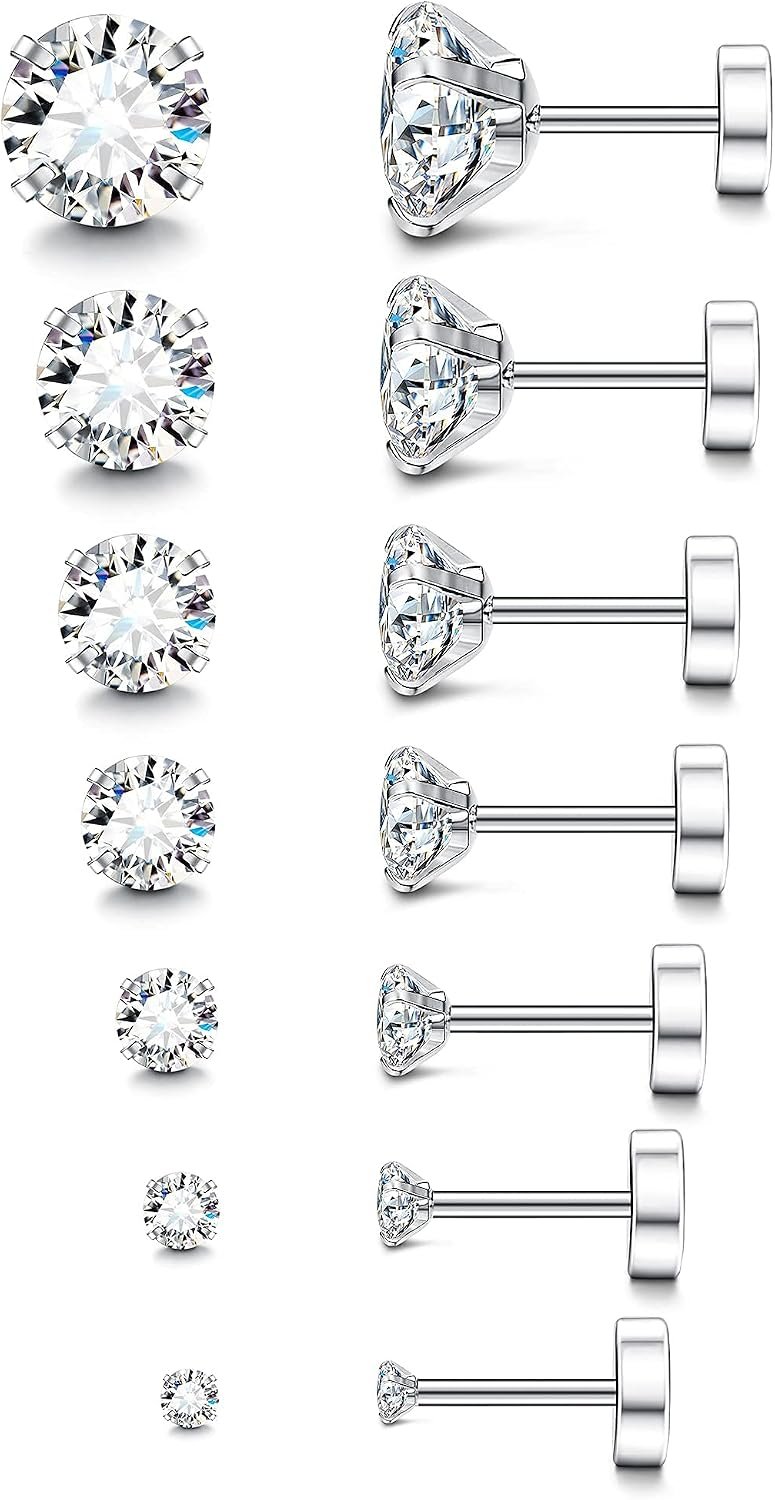 Fansilver 20G Hypoallergenic Flat Back Earrings for Women Men Silver 14K Gold Stainless Steel Stud Earrings Birthstone Cubic Zirconia Studs Surgical Steel Cartilage Earrings for Sensitive Ears