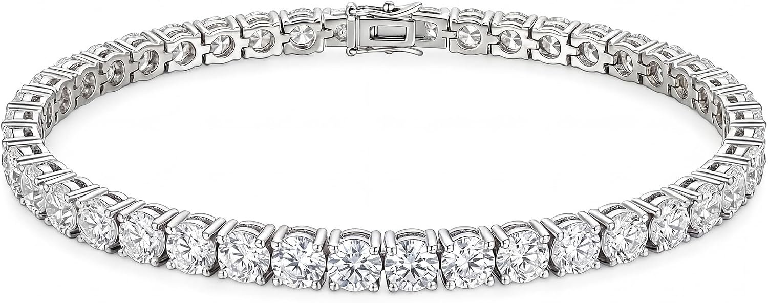 Moissanite Tennis Bracelet For Women,Platinum Plated Silver Bracelet,VVS1,Round Cut Bracelet,Hypoallergenic,Bezel 7/7.5 In,with Gift Box,Birthday Anniversary Jewelry for Wife, Mom and Her
