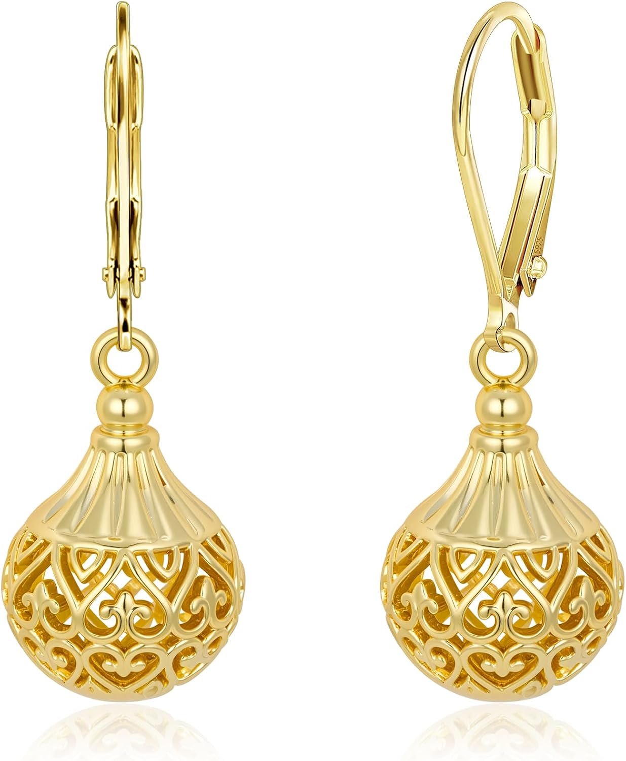 Silver Earrings Hypoallergenic Leverback 14K Gold Plated Dangle Ball Filigree Earrings for Women, ALEXCRAFT Silver Vintage Drop Earring Dangling Dangly Earings