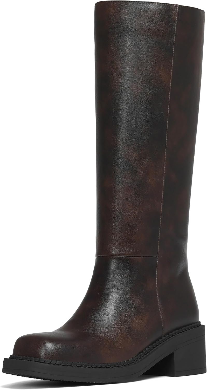 AMINUGAL Fold Over Knee High Boots Women Chunky Block Heel Festival Trendy Casual Round Toe Buckle Tall Slouchy Boots for Women Motorcycle Riding Rave Club Pull on Y2K Long boots
