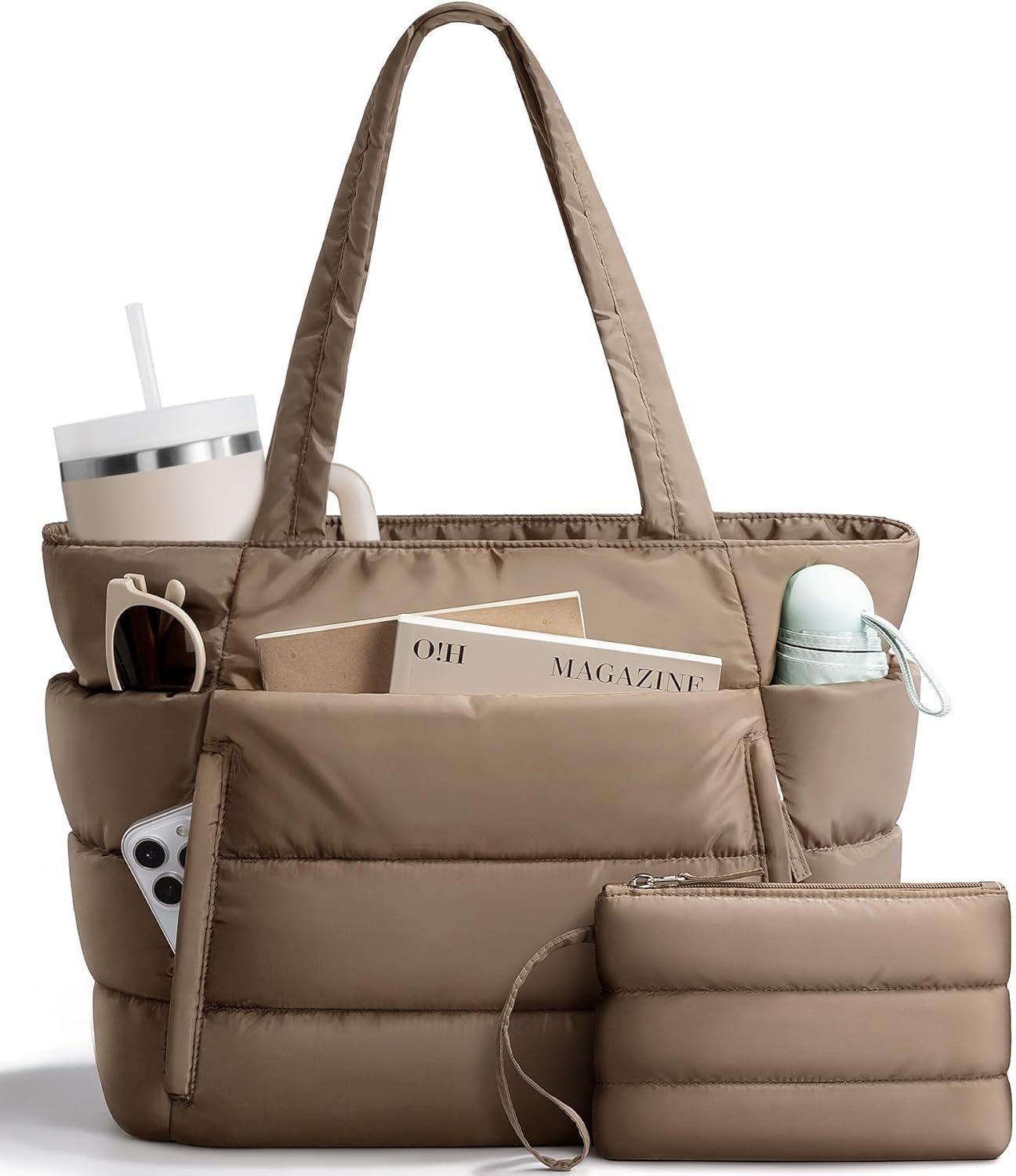 Bagstellar Puffer Tote Bag for Women, Lightweight Puffy Work Handbag Teacher Nurse Quilted Shoulder Bag for School Travel Gym | Cloud Bag w/ Zipper